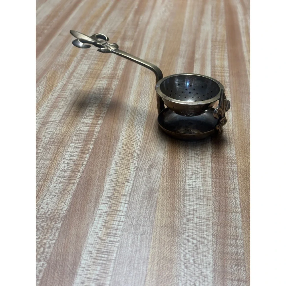 Vintage Fleur De Lis Tea Strainer with Drip Bowl Swivel Infuser Gold Tone